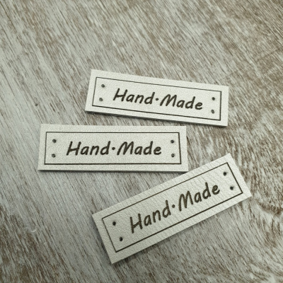 Бирка кожаная пришивная HAND MADE, белый перламутр, арт.2201