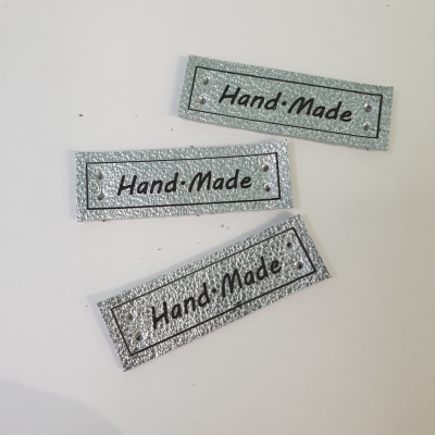 Бирка кожаная пришивная HAND MADE, серебро, арт.2244